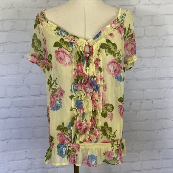 Abercrombie & Fitch Tops - Abercrombie & Fitch Large Yellow Sheer Floral Ruffle Blouse